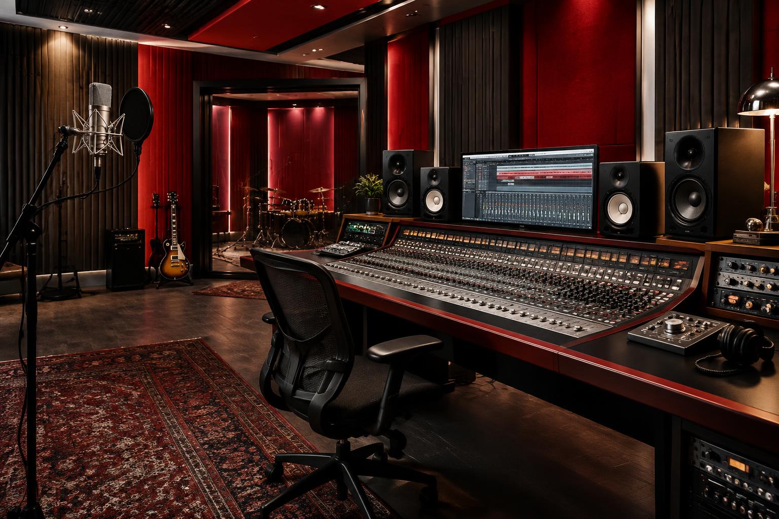 Recording studio with red acoustic panels