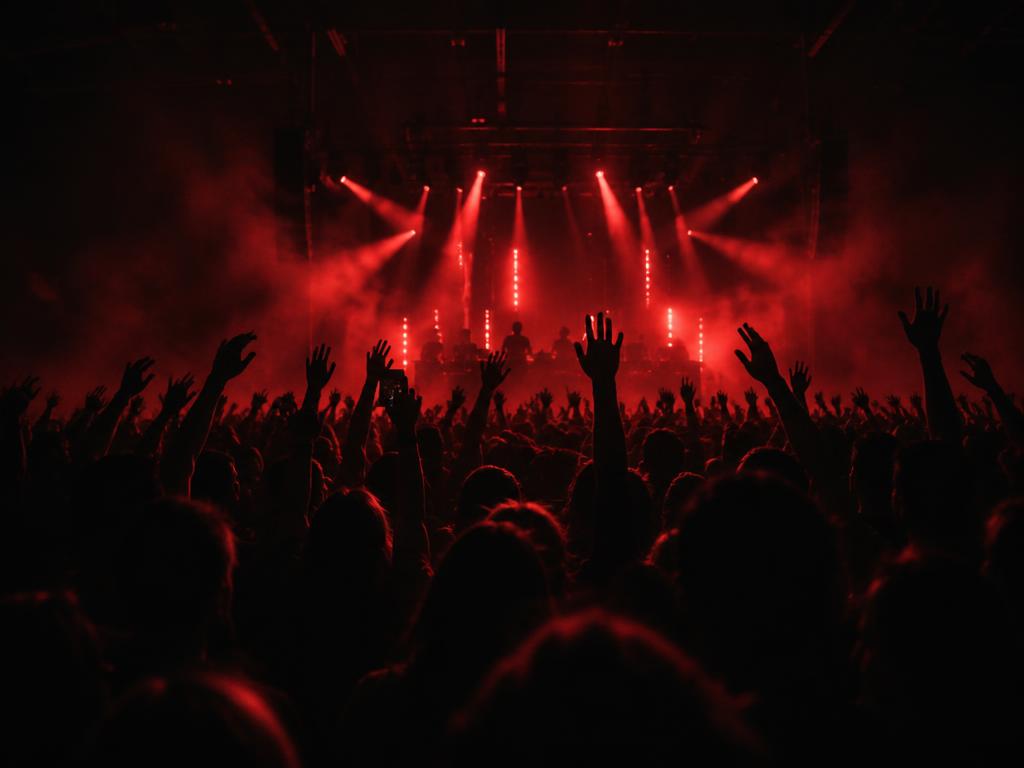 Concert crowd under red stage lights
